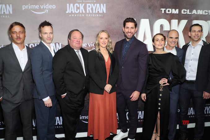 John Krasinski joins co-stars Noomi Rapace and Dina Shihabi at "Jack Ryan season 2" premiere